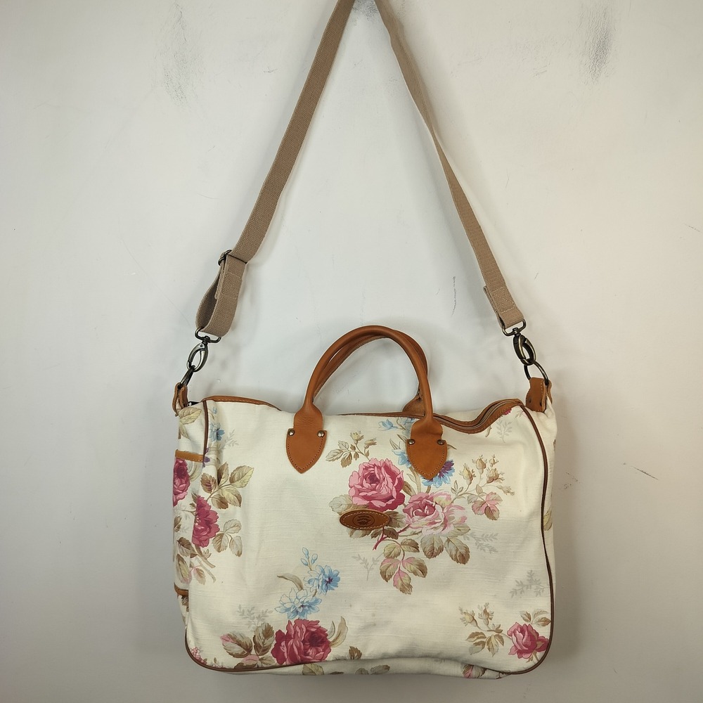 Laura Ashley Vintage Floral Overnight Large Canvas + Leather Cottagecore Cream